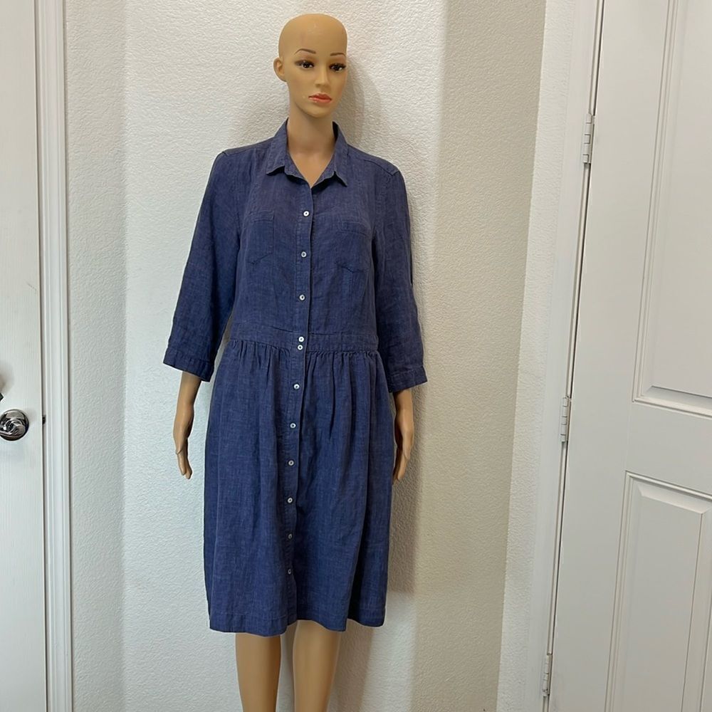 Malvin Woman’s Dress I❤️Linen Germany Blue Button Up 3/4 Or Roll Sleeve Midi